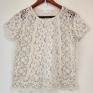 Coco+Jameson, Women's Top Blouse, Short Sleeve, Lace, Beige, M, Boho, Casual.